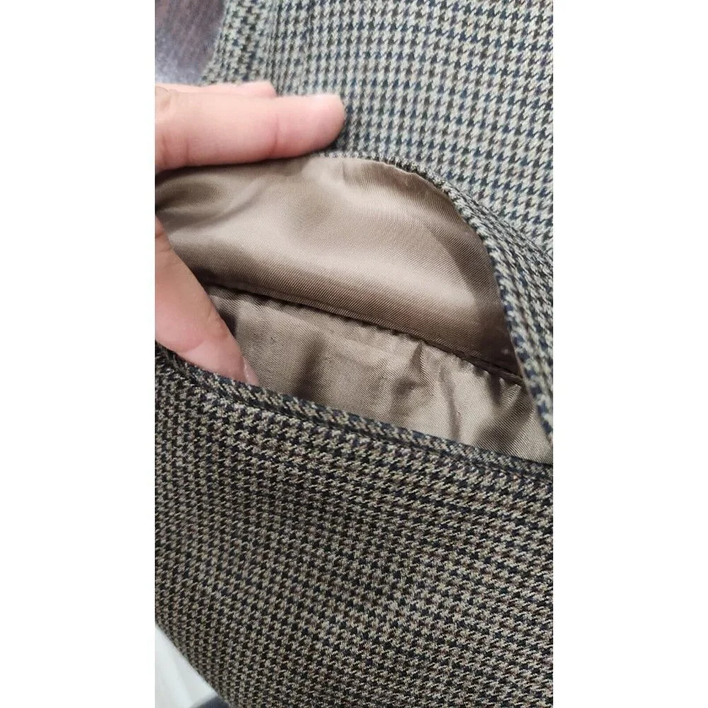 Ralph Lauren Mens Blazer Jacket Single Breasted 42R Houndstooth Brown Silk Blend